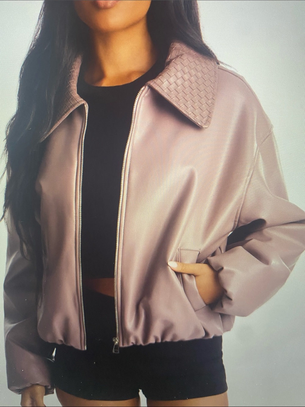 NWT Fashion Nova Mauve Faux-Leather Bomber Jacket with Woven Detail Collar